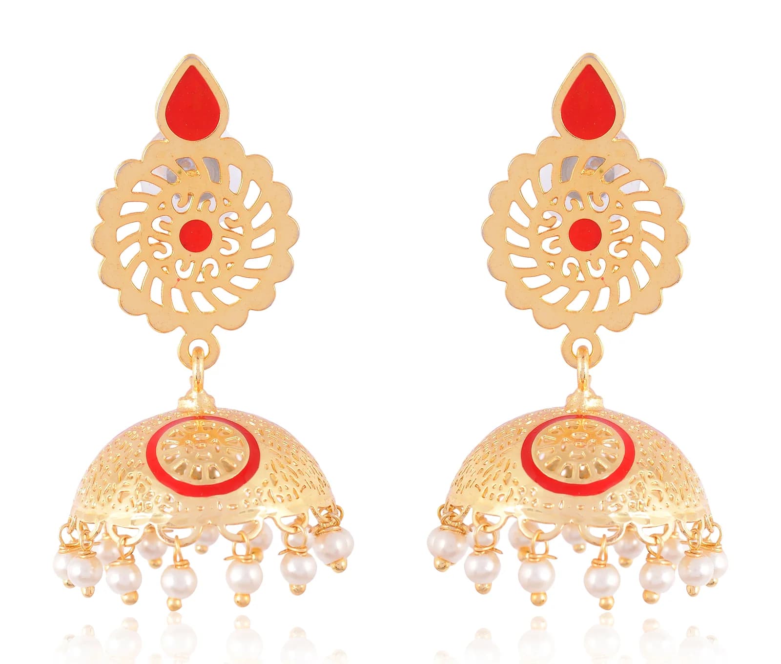 Meenakari jhumka earrings with pearl drops