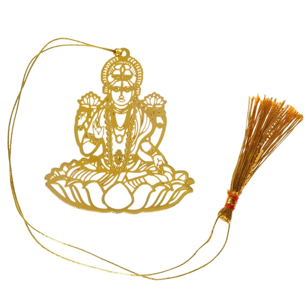 Die-cut gold-tone bookmark of the goddess Lakshmi seated on an open lotus, a lotus in each raised hand and a beaded halo behind her, on a gold cord with a tassel